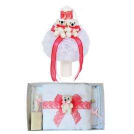 Trusou botez cu ursulet si lumanare glob, dantela si ursuleti, decor corai,