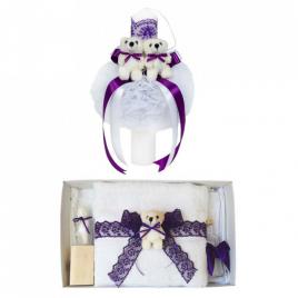 Trusou botez cu ursulet si lumanare glob, dantela si ursuleti, decor mov,