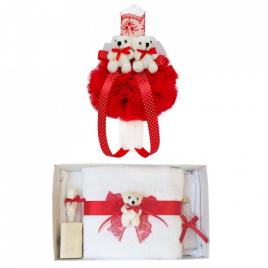 Trusou botez cu ursulet si lumanare glob, dantela si ursuleti, decor rosu,