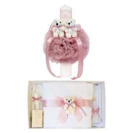Trusou botez cu ursulet si lumanare glob, dantela si ursuleti, decor roz pudra,