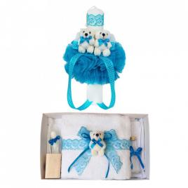 Trusou botez cu ursulet si lumanare glob, dantela si ursuleti, decor turcoaz,