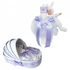 Trusou botez in landou si lumanare cu iepuras, decor lila denikos® 581