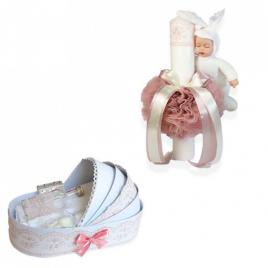 Trusou botez in landou si lumanare cu iepuras, decor roz pudra denikos® 170