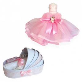 Trusou botez in landou si lumanare cu rochita si ingeras, decor roz denikos® 167