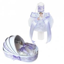 Trusou botez in landou si lumanare glob cu ingeras, decor lila, denikos® 586