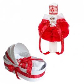 Trusou botez in landou si lumanare glob cu ingeras, decor rosu, denikos® 587