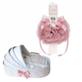 Trusou botez in landou si lumanare glob cu ingeras, decor roz pudra, denikos®