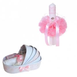 Trusou botez in landou si lumanare glob cu ingeras, decor roz denikos® 159