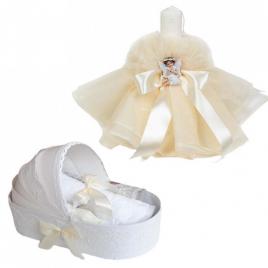 Trusou botez in landou si lumanare rochita cu ingeras, decor ivoire, denikos®