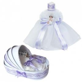 Trusou botez in landou si lumanare rochita cu ingeras, decor lila, denikos® 583