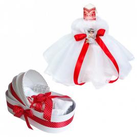 Trusou botez in landou si lumanare rochita cu ingeras, decor rosu, denikos® 582