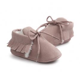 Pantofiori roz pudra imblaniti cu franjuri (marime disponibila: 9-12 luni