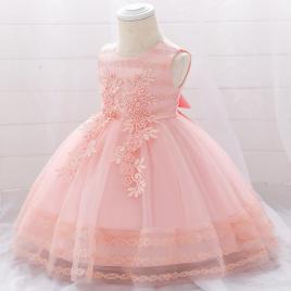 Rochita roz de ocazie cu floricele dantelate (marime disponibila: 6-9 luni