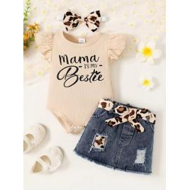 Set body crem cu inscriptie si fustita denim pentru fetite (marime disponibila: