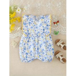 Salopeta alba cu floricele bleu si galbene (marime disponibila: 3-6 luni