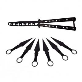 Set briceag fluture si sase cutite de aruncat, black fury, ideallstore®, otel inoxidabil, negru