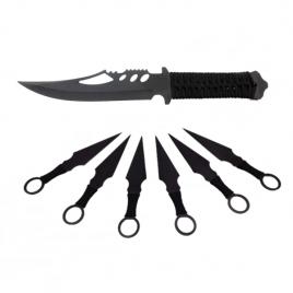 Set cutit de vanatoare extreme battle si sase cutite de aruncat, black fury, ideallstore®, otel inoxidabil, teaca inclusa