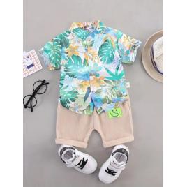 Set tropical pentru baieti – camasa colorata si pantaloni bej (marime
