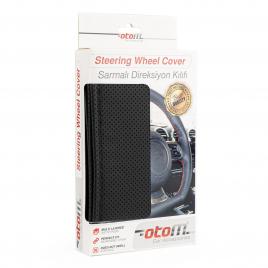 Husa volan otom din piele ecologica perforata pentru autoturisme, diametru volan 37 - 39 cm, cu ac si ata neagra