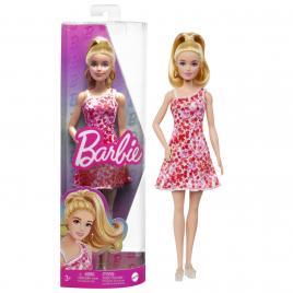 Barbie papusa barbie fashionista blonda cu parul prins in coada si rochie cu floricele