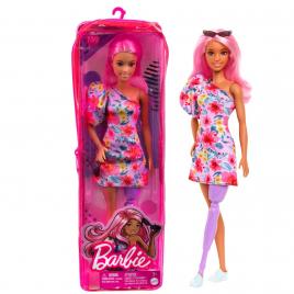 Papusa barbie fashionista cu par roz si picior protetic