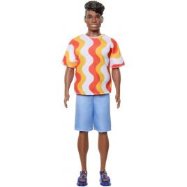 Barbie papusa baiat fashionistas cu tricou cu dungi albe si portocalii si aparate auditive