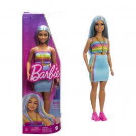 Papusa barbie fashionista cu par albastru platinat si top sport