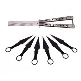 Set briceag fluture  si sase cutite de aruncat, black fury, ideallstore®, otel inoxidabil, teaca inclusa