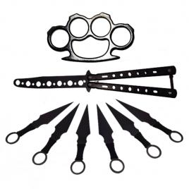 Set briceag fluture , rozeta si 6 cutite de aruncat , ideallstore® ,otel inoxidabil,negru