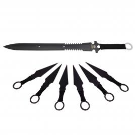 Set sabie de vanatoare ideallstore® last ronin si sase cutite de aruncat, otel inoxidabil, negru