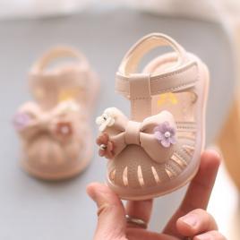 Sandale roz pudra pentru fetite, cu fundita 3d si floricele aplicate (marime