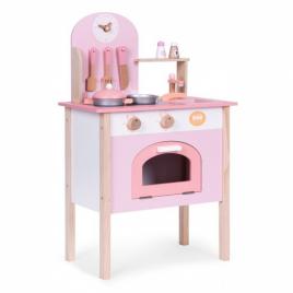 Bucatarie din lemn pentru copii cu accesorii, 48 x 26 x 76.5 cm, ecotoys, roz