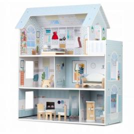 Casuta de papusi din lemn cu 3 etaje, mobilier inclus, 60 x 24 x 70 cm, ricokids rk-878 - albastru deschis
