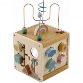 Cub educational din lemn cu diverse activitati, 15.5 x 17 cm, nukido