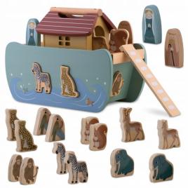 Jucarie educativa arca lui noe din lemn cu animalute, 17.5 x 13.5 x 20 cm, nukido