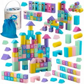Set educational cu blocuri din lemn, 100 piese, ricokids