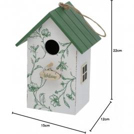 Casuta pentru pasari din lemn, 22 cm, geam lateral, agatatoare dubla, design floral