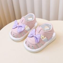 Sandalute roz cu piuitoare si fundita lila in carouri (marime disponibila: 9-12