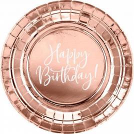 Set 6 farfurii de unica folosinta roz auriu happy birthday 18 cm