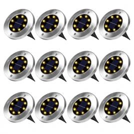 Set 12x lampa cu incarcare solara rapida si timp mare de utilizare, alb cald, tip spot cu 8 leduri, pentru gradina, waterproof, ip65, carcasa din metal rezistent