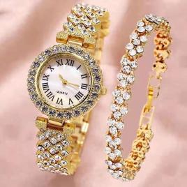 Set cadou cu ceas de dama geneva crystal auriu si bratara