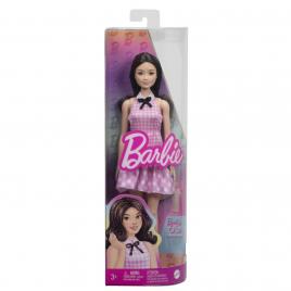 Barbie papusa barbie fashionistas bruneta cu rochie roz in carouri