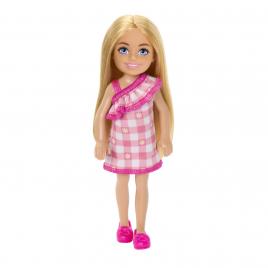 Barbie papusa chelsea blonda cu rochita roz in carouri