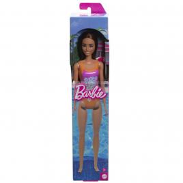 Papusa barbie bruneta cu costum de baie inflorat