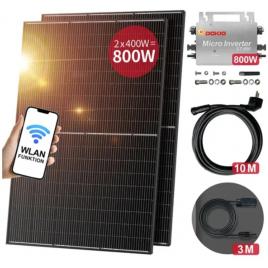 Kit solar fotovoltaic pentru balcon 800W, doua panouri fotovoltaice de 410W, micro-inverter cu functie wi-fi de 800W, cabluri de interconectare si suport metalic pentru prinderea panourilor pe balustrade sau fatade