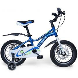 Bicicleta pentru copii 3-6 ani happycycles kidscare, roti 14 inch, cu roti ajutatoare si frane pe disc, albastru