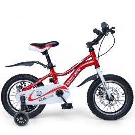 Bicicleta pentru copii 3-6 ani happycycles kidscare, roti 14 inch, cu roti ajutatoare si frane pe disc, rosu