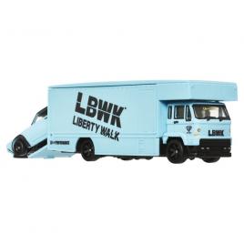 Camion transportator hot wheels fleet flyer cu masinuta nissan skyline 2000 gt-r lbwk scara 1:64