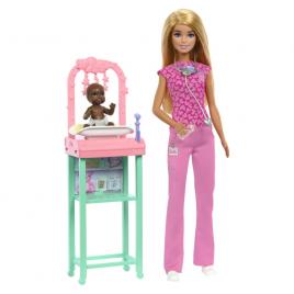 Set de joaca barbie cariere cu mobilier si papusa doctor pediatru blonda