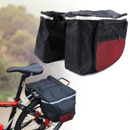 Geanta dubla pentru bicicleta, 4 compartimente, culoare negru cu rosu si benzi reflectorizante